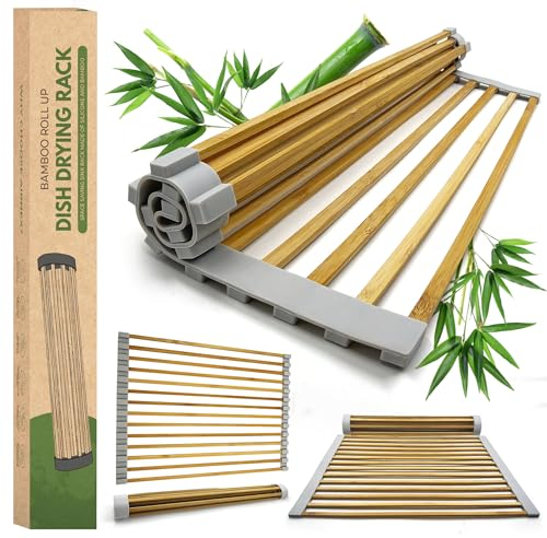 AIRNEX Bamboo Roll Up Sink Drying Rack, Wooden Over Sink Drainers (17.5 x 12.1 in)