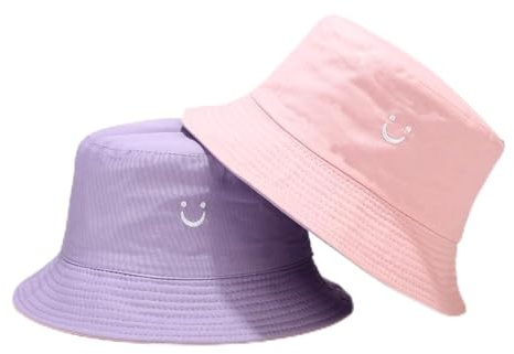 O-Kinee Sonnenhut Kinder,Anglerhut mit Lächeln Mädchen,Fischerhut Faltbar,Sommerhut Outdoor für Mädchen und Jungen,Doppelseitiger Bucket Hat für Kinder von 2–8 Jahren,Rosa und Lila