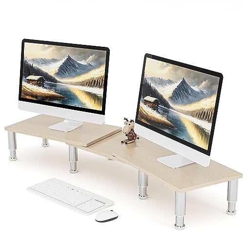 Dual Monitor Stand Riser, Monitorständer mit einstellbarer Höhe Stahlbein, Holz Monitorständer für Schreibtisch, Monitor Riser für 2 Monitore mit Stauraum