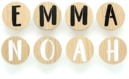Personalisierte Möbelgriffe aus Eiche und Walnuss, Holz, Rund, Knauf, Knopf, Kommode, Schrank, Schublade, Tür, Kinderzimmer, Geschenkidee, Deko, Text, Name, Buchstaben (Eiche)