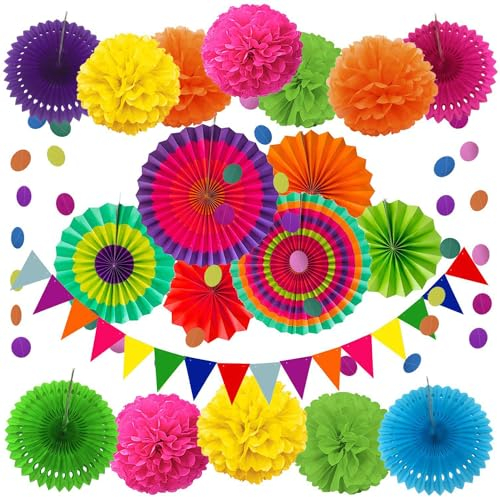 Bunt Party Dekoration Papier - Pompoms, Aufhängen Fächer, Dreieckige Wimpel und hängende Glitter Punkt Papier Girlande für Party Hochzeit Geburtstag Graduierung Deko Weihnachten Karneval 20 Stück