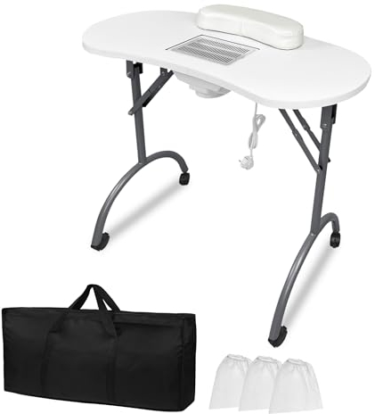 XINZI Faltbar Maniküretisch Nageltisch mit Absaugung 98x44x77cm Maniküre Tisch für Nagelstudio Beweglich Studiotisch inkl. Rollen Handkissen Schublade und Aufbewahrungstasche, Weiß