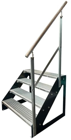 Kaminbau Mierzwa Escalier autonome en acier de qualité supérieure avec balustrade galvanisée, droite/joues anthracite RAL 7016/4 marches galvanisées (largeur 800 mm) (hauteur 76 cm) pour le jardin