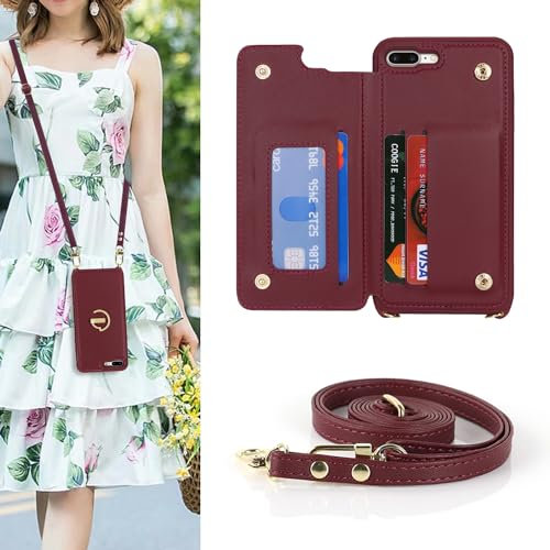 SailorTech iPhone 7 Plus/8 Plus Case with Credit Card Holder, Leather Case Ring Stand with Kickstand, Card Slots Wallet Crossbody - Burgundy