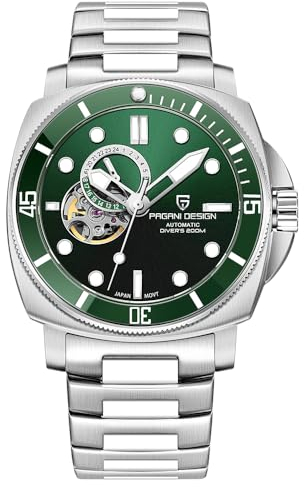 Pagani Design- Reloj Automático Hombre, Brazalete Casual Acero Inoxidable con Elegante Cristal Zafiro, Correa Nylon NH39, PD1736 (PD-1736 Banda de Acero Verde)