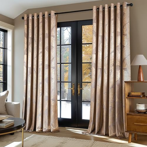 MIULEE Vorhänge Samt mit Goldfolie Blätter Muster, 2 Stück Beige Samt Gardinen mit Ösen 228x228 cm, Superweich Samt Vorhang Blickdicht für Deko Wohnzimmer Schlafzimmer, Extra Breite Samtvorhang
