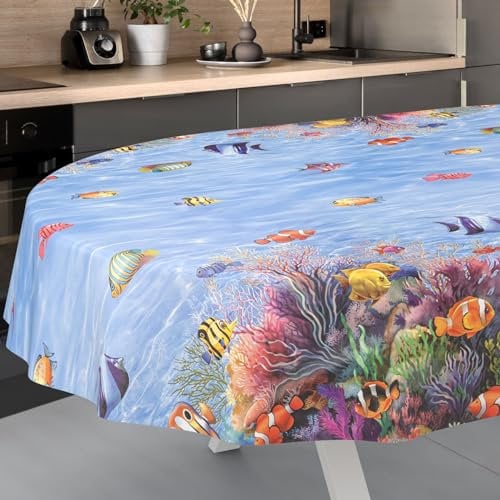 Wachstuch-Tischdecke Tischdecke abwaschbar Wachstuch Garten-Tischdecke Outdoor Indoor Oval 200x140cm Schnittkante Aquarium