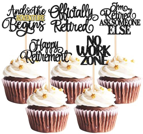Cupcake-Topper Happy Retirement, offizielles Retide-Design, keine Arbeitszone, Abenteuer, für Ruhestand, Abschied, Geburtstagsparty, Kuchendekorationen, Zubehör, Schwarz, 30 Stück