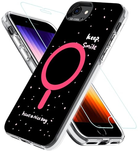 OWKEY Hülle für iPhone SE 2020/2022 (iPhone SE 2/3), iPhone 8/iPhone 7, Magnetisch Schutzhülle für MagSafe mit 9H Schutzglas, Smile Niedliches Muster Design Aesthetic Case Handyhülle (Schwarz)