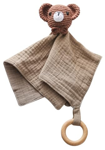 WOODEN TEETHER Panno per neonati, mussola come regalo per la nascita di ragazzi e ragazze, peluche per neonati e bambini a partire da 0 mesi (orso)