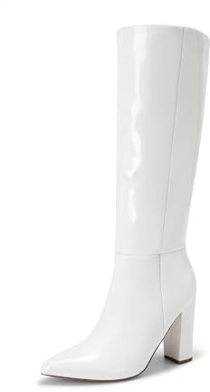 DREAM PAIRS Women's Knee-High Boots, Comfortable Chunky Block Heel Pointed Toe Pull On Side Zipper Suede Slouch Riding Boots SDKB2406W,Size 7,White-Pat,SDKB2406W