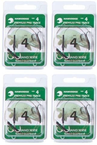 HAWKRIDGE - 4 x Predator SEMI BARBED Pike Snap Tackle Double Hook Bait Rig 30cm Trace Using American 7x7 Wire Strands - Available in Size 4, 6 or 8 (4 x size 4 hook)