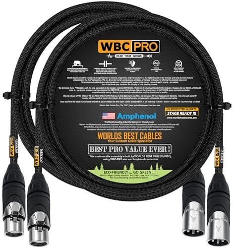 WORLDS BEST CABLES 2 Units - 1 Meter - WBC-PRO-QUAD Ultra-Silent Ultra-Flexible Balanced Star-Quad Cable with Amphenol Male & Female XLR Plugs & Black Tweed Jacket