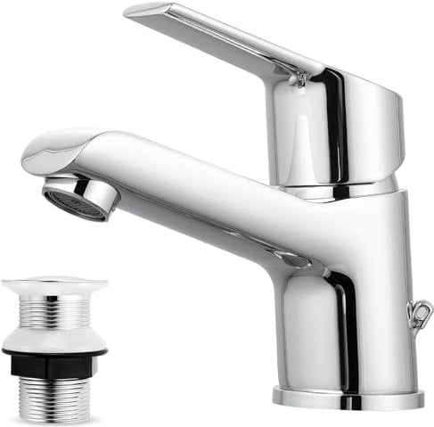 KINLIV Waschtischarmatur mit Pop-up-Ablaufgarnitur, Quadrat Einhebelmischer für Badezimmer mit Geräuscharmem Keramikventilkern, Messinggehäuse, Badezimmer Waschbeckenhahn für 1 Loch, Chrom-Finish