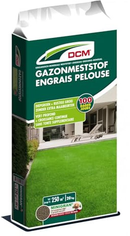 DCM Engrais à gazon - Alimentation 20 Kg-250 m² - Pour une Pelouse Vert Profond sans Tondre Supplémentaire