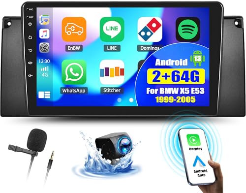 OiLiehu 2G+64G Radio Android 13 2 DIN Carplay Android Auto para BMW X5 E53 1999-2005 Pantalla Radio Coche 9 Pulgadas Radio de Coche con Mirror Link/EQ/Bluetooth/SWC/FM RDS/WiFi/GPS/Cámara Trasera