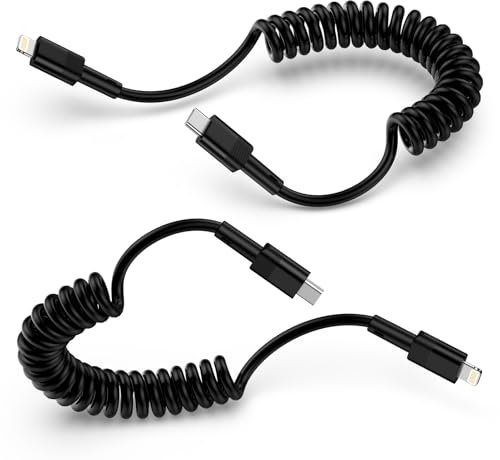 Cable USB C a Lightning, 2 paquetes de 1,2 m Apple Carplay Cable USB C iPhone Cable de carga MFi Certified iPhone cable de carga corta rápida cable de carga en espiral para iPhone 14 13 12 11 Pro Max