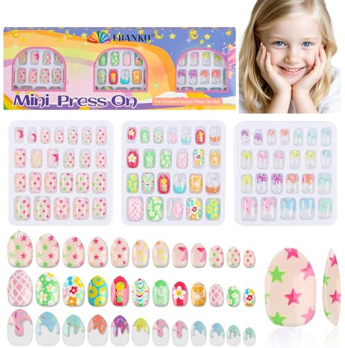 72 Pieces Press on Nails for Kids, EBANKU 3 Pack Kid Fake Nail Cute Colorful Press on Nails for Girls 7-12 Years with Pre- Adhesives