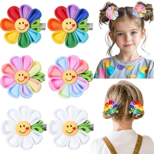 NCMAMA 6PCS Hair Bows for Girls with Smile Face Colorful Flower Hair Bow Clips Rainbow Hair Accessories with Alligator Clips for Girls Teen Kids Toddler Children (Rainbow-A)