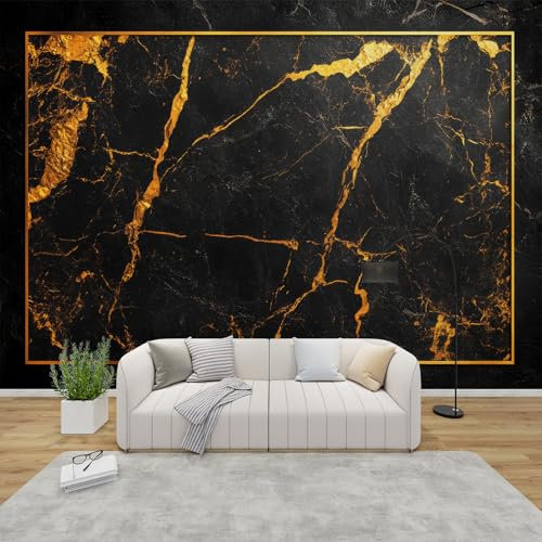 QEODAH Marble Wallpaper for Living Room, Black and Gold Wall Art for Bedroom, Modern Luxury Wall Murals for Bedrooms, Renter Friendly Removable Waterproof Non-Woven Photo Wallpaper 3D, 100x70 cm