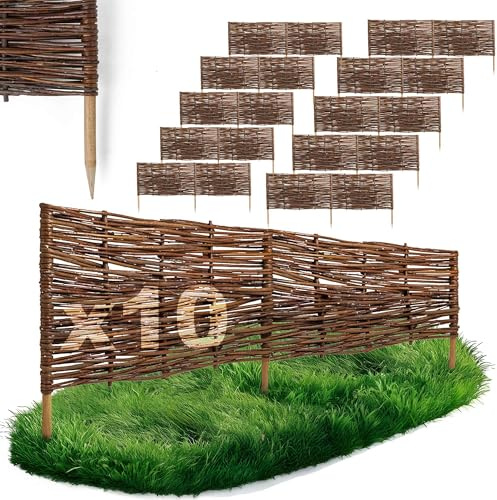 10 x BOGATECO Beeteinfassung aus Weide | 120 cm Lang & 30 cm Hoch | Holz-Zaun Rasenkante | Weiden-Zaun Steckzaun Perfekt für den Garten als Weg-Abgrenzung | Beetumrandungen | Dekorative Zäune
