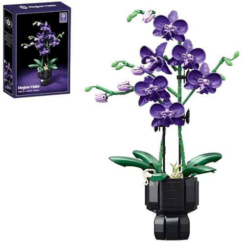 PlayExquizen Elegant Violet Bonsai Flower Building Block Set, Artificial Orchid Plant Building Block Model Toys, Office Home Decoration Flower Kits, Gifts for Adults and Girls, 666 PCS