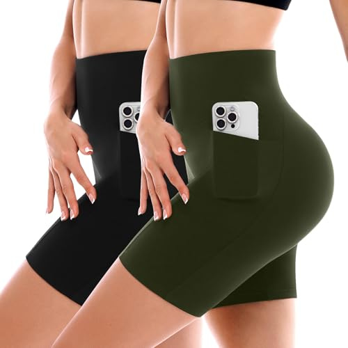 SINOPHANT 2 Pack Cycling Shorts Women with Pockets High Waist Biker Yoga Running Gym Workout Buttery Soft Athletic ArmyGreen XXL
