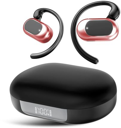 XQRTZL Auriculares Abiertos, inalámbricos Bluetooth con micrófono, Ganchos Ajustables para la Oreja, Resistentes al Agua IPX7, Rojo