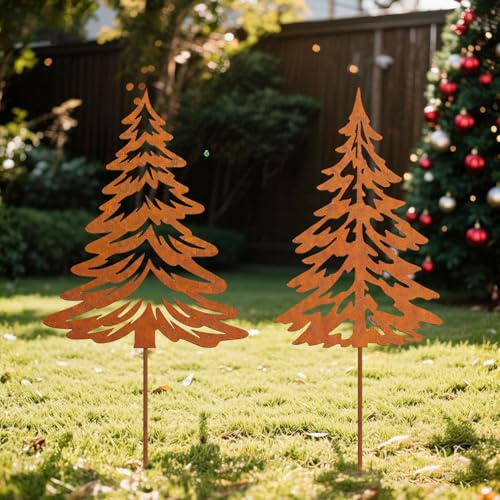 Xevinas Gartenstecker Weihnachten, 2er Set Rost Deko Weihnachten Aus Metall, Nostalgischen Blumenstecker Weihnachten Stabil Und Wetterfest, Rostdeko Gartendeko Für Advent Weihnachts Balkon Grabschmu