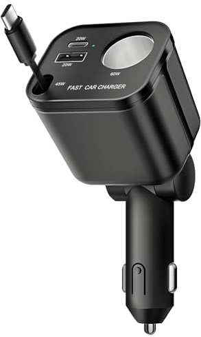 4 in 1 Retractable Car Charger 145W USB C Cigarette Lighter Adapter Socket Splitter with Retractable Cable USB-C/A Port 12V/24V Fast Charging for iPhone17/16/15 Galaxy S25/S24/S23 iPad/Pixel/Google