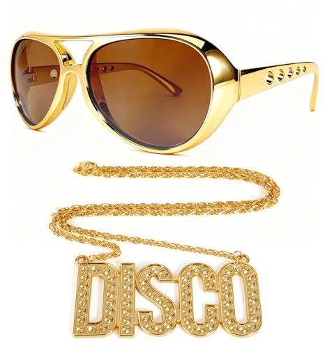 Xinjieda 2 Stück Hippie Accessoires Herren, Hippie Brille & Goldene Disco-Halskette, 70er 80er 90er Jahre Outfit Herren, Hippie Kostüm Elvis Kostüm Disco Kostüm für Halloween, Karneval, Party