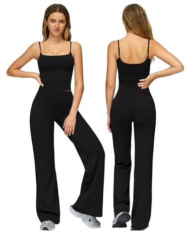 Odizli Sport Set Damen Spaghetti Top mit Integriertem BH + High Waist Wide Leg Leggings Fitness Gym Yoga Sportanzug