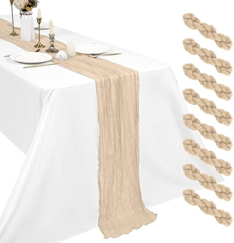 8 Stück Käsetuch Tischläufer Beige 45 x 275 cm, Boho Gaze Tischdeko für Hochzeit, Brautparty, Baby Shower und Geburtstag