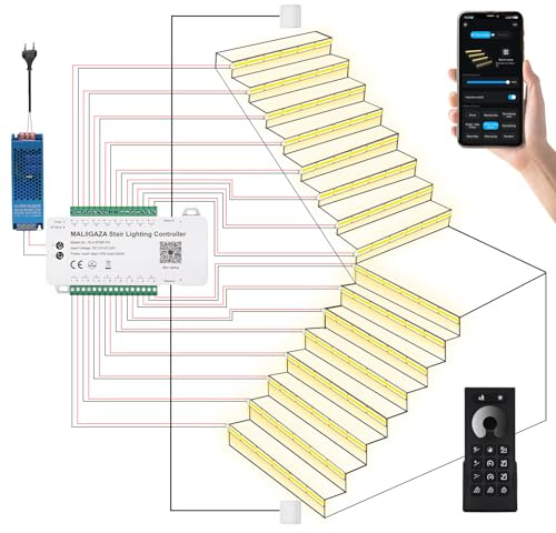 LED Treppenbeleuchtung 16 Stufen Warmweiß 3000K, Smart Stair Light mit App Steuerung, RF Fernbedienung und PIR Bewegungsmelder, COB LED Streifen dimmbar, Timer und Dauerlicht Modus für Innen