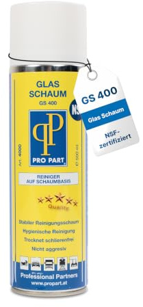 Pro Part® Glas Schaum GS400 (500ml) Spraydose–kräftiger Reinigungsschaum für alle glatten Oberflächen, schlierenfrei&NSF zertifiziert,ideal für Küche, Bad,Lebensmittelbereich & auto–Made in EU