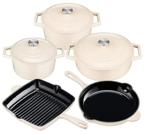 Cooks Professional 5 Piece Cast Iron Casserole Dishes, Frying Pan & Skillet Set | Heavy-Duty Cookware Pans with Enamel Interior | Oven Safe to 260°C, Induction & All Hob Compatible | Ivory
