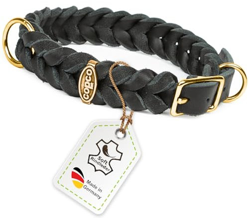 CopcoPet Hundehalsband aus Fettleder 50–55 cm x 25mm Schwarz – Geflochtenes Lederhalsband – Messing mit Dornschließe – Robust & verstellbar – Für große Hunde, ideal für Alltag & Training