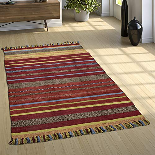 Paco Home Designer Teppich Webteppich Kelim Handgewebt 100% Baumwolle Modern Gestreift Bunt, Grösse:120x170 cm