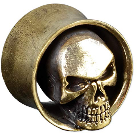 viva-adorno 1 Stück Flesh Tunnel Plug Messing Vintage Look Totenkopf Gold Silber Skull Schädel Größe 6-16mm Z468_Z519