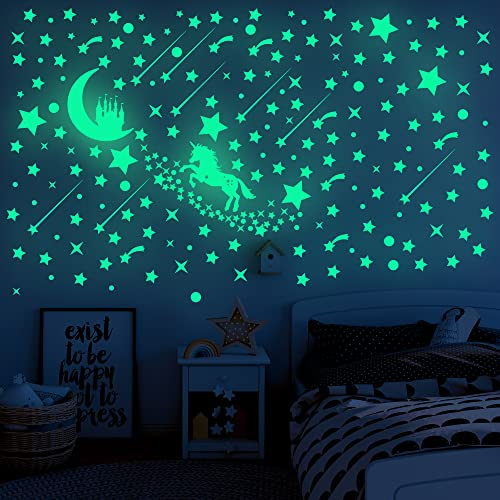 Ezigoo Glow In The Dark Leuchtsterne Selbstklebend Dekorations Set - 292 Stück (Einhorn, Schloss, Mond, Leuchtsterne und Punkte). Leuchtende Wand- und Decken Sternenhimmel Aufkleber