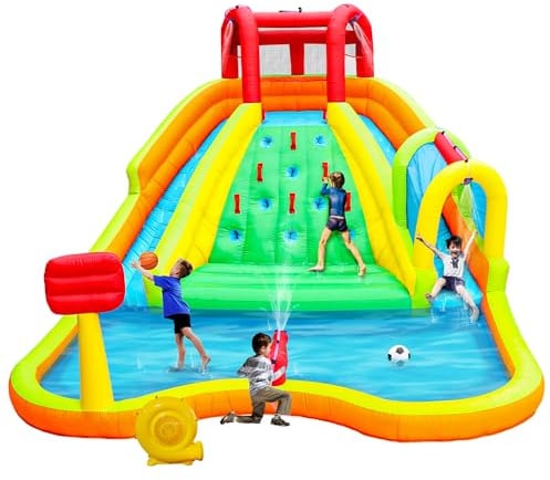 WELLFUNTIME Inflatable Water Double Slides Park, Bounce House with Arched Water Gun Spray, Jumping Castle with Air Blower