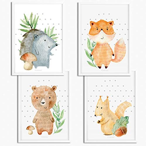 Sunnywall® 4er Set Poster Kinderzimmer - A4 Bilder Babyzimmer Kinderposter | OHNE Bilderrahmen | - Deko Mädchen Junge | Woodland Waldtiere Igel Fuchs Bär Eichhörnchen