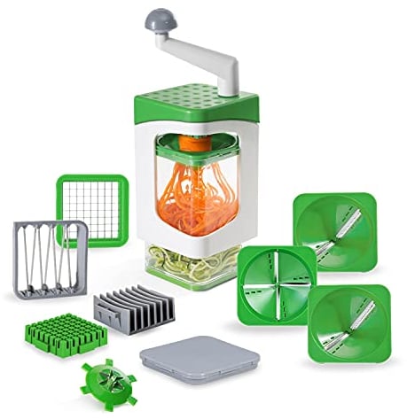 Genius Nicer Dicer Julietti Spiralschneider 13-tlg - Zoodle Maker + Würfelschneider in einem Set für Spiralen und Würfel | enthält 7 Schneideinsätze & Auffangbehälter 1200ml, Grün