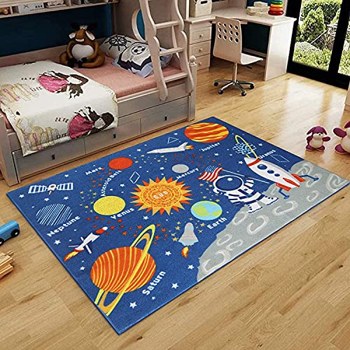 HUAHOO Kinderteppich, pädagogischer Lernteppich, Galaxie, Planeten, Sterne, blau, Kinderzimmerteppich, Sonnensystem, rechteckiger Teppich (Sterne, 132,1 x 190,5 cm)