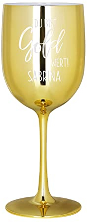 Herz & Heim® Weinkelch hochglänzend mit Gravur aus Kunststoff 460 ml Gold, Gold wert