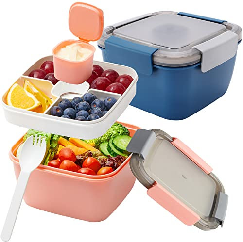2 Stück Bento Box Lunch-Behälter,Auslaufsichere Brotdose Salatbehälter mit 3 Fächer Besteck,Brotzeitbox für Kinder Erwachsene,Brotbüchse für Mikrowellen und Spülmaschinen 1500ML Wiederverwendbar