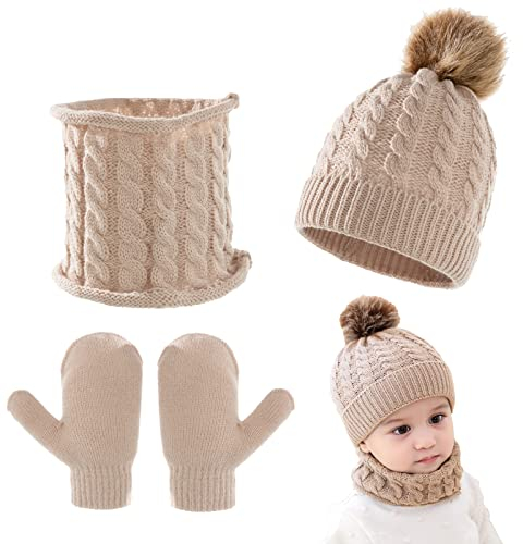 Kunyeah 3Pcs Baby Beanie Hat Scarf Gloves Set Infant Knitted Cap Winter Warm Gloves Toddler Neck Warmer for Boys Girls 0-3 Years (Khaki)
