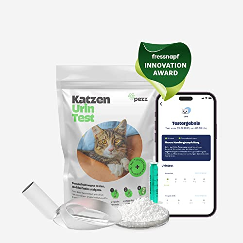 PEZZ Digitaler Urintest Kit für Katzen inkl. gratis App-Auswertung durch Experten, mit Nicht-saugendem Spezialstreu (Sand) für einfaches Urinsammeln sowie Teststreifen speziell für Katzen
