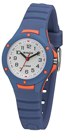 SINAR Kinder Jugend Armbanduhr Sportuhr Jungen Analog Quarz 10 bar mit Licht und Silikonarmband Blau Orange XB-17-2