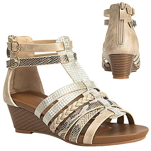 STMAHER Gladiator-Sandalen für Damen, Silber, Keilriemen, Sandale, leger, Sommer, Strand, 2Gold 38